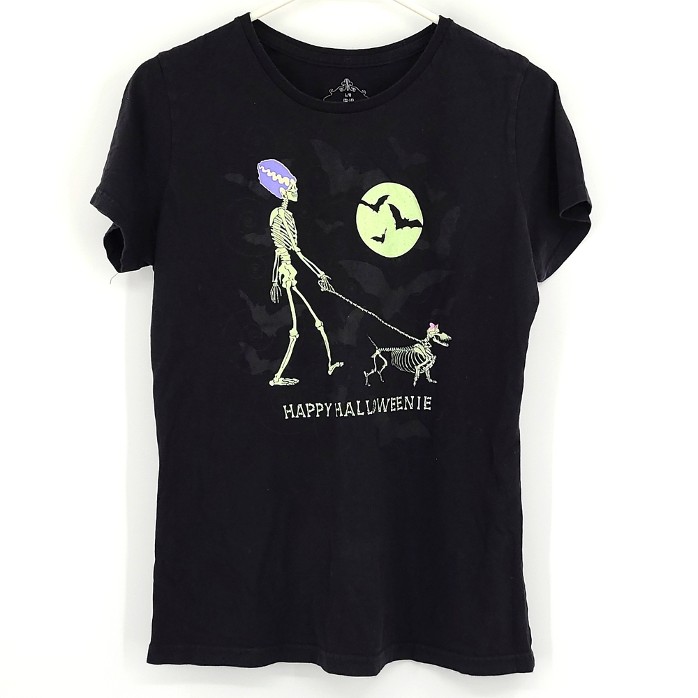 Large 12-14 Black Glow in the Dark skeleton happy halloweenie short sleeve tee